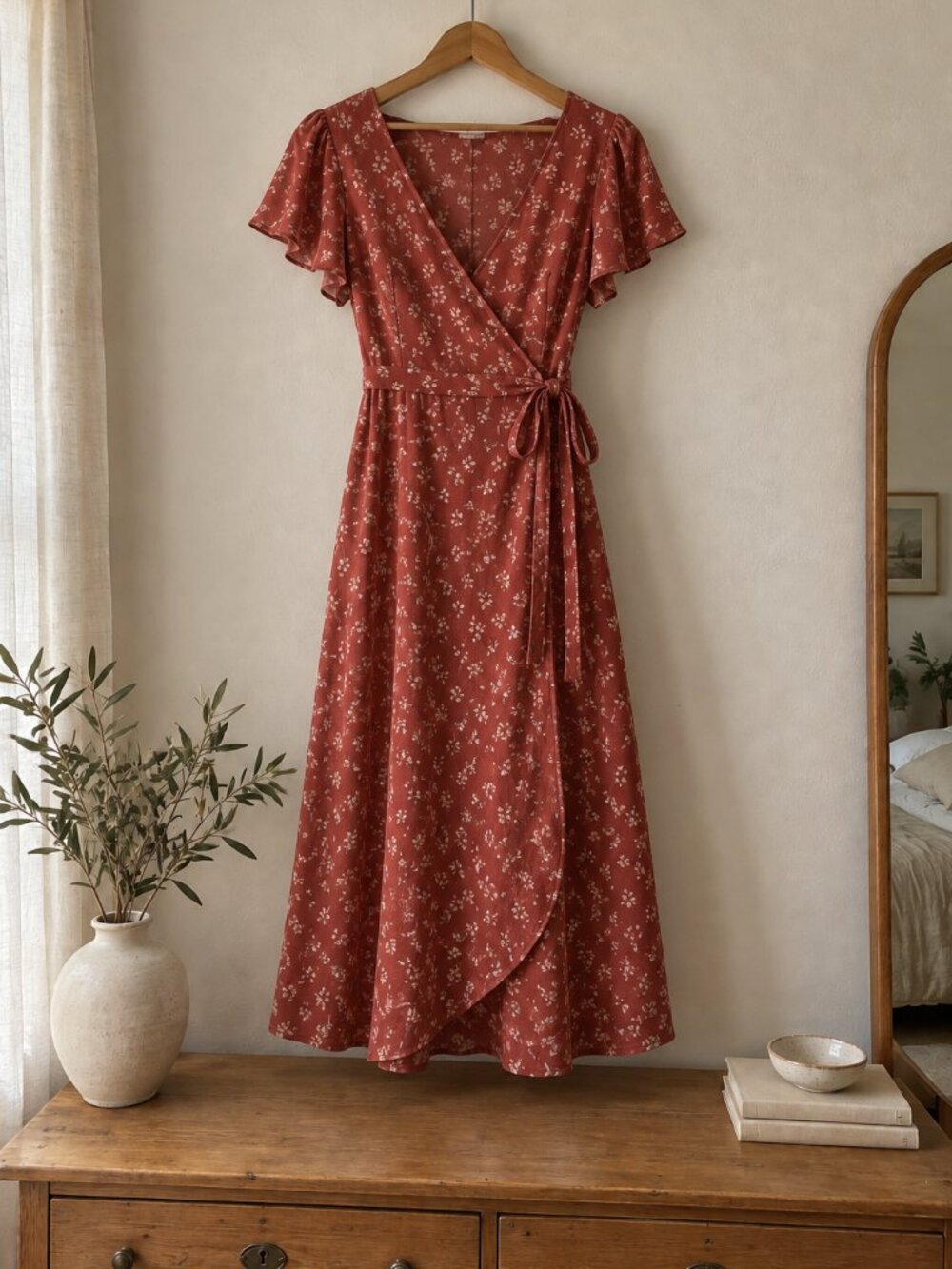 Rust Red Floral Wrap Maxi Dress V-Neck Flutter Sleeve Tie Waist